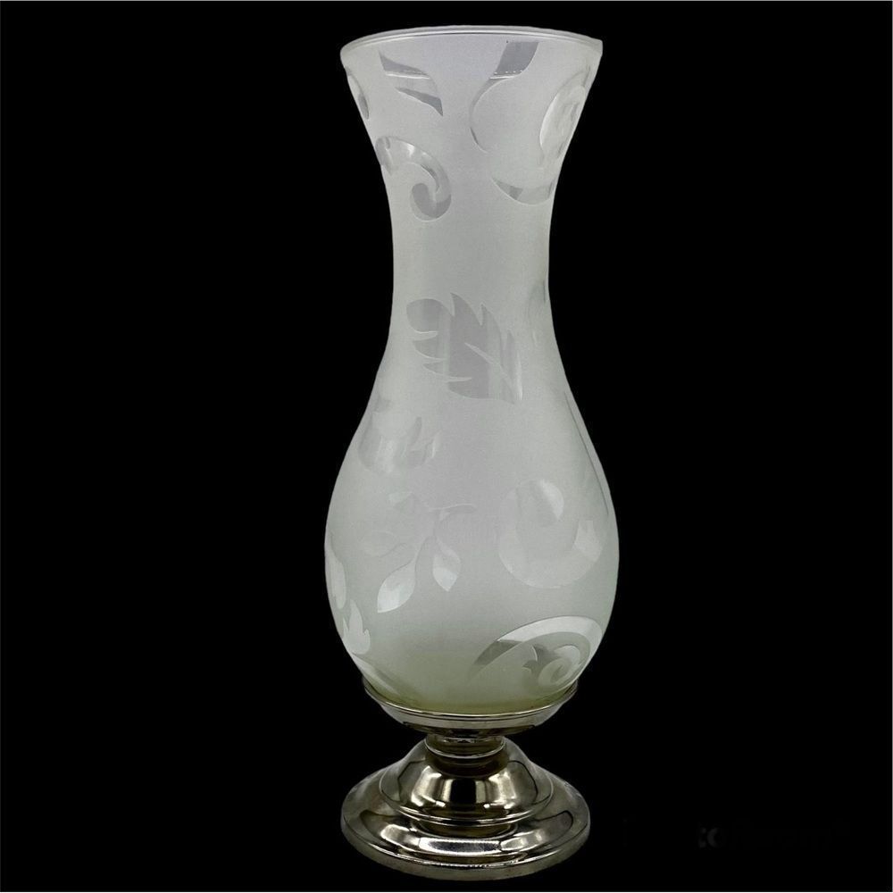 12” Floral Etched Frosted Vintage Glass Vase With Weighted Silver Base